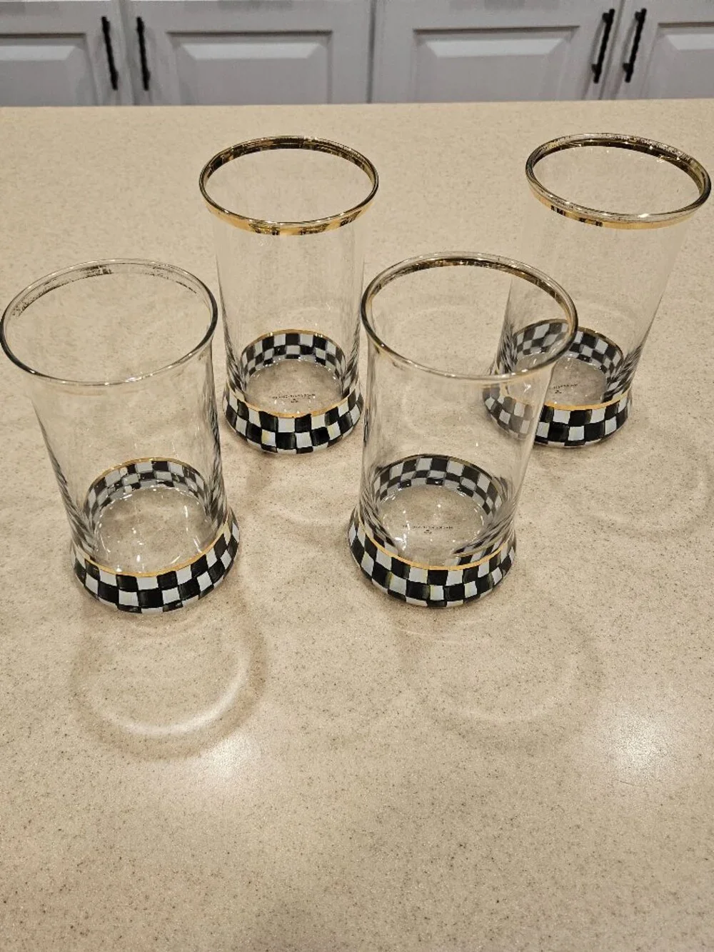 4 MACKENZIE CHILDS SUMMER BLACK COURTLY CHECK HIGHBALL DRINKING GLASS TUMBLER